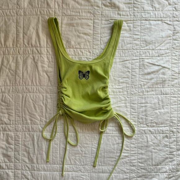 Forever 21 sz small Y2k butterfly embroidered crop top lime ruched ties fairy - Picture 1 of 7